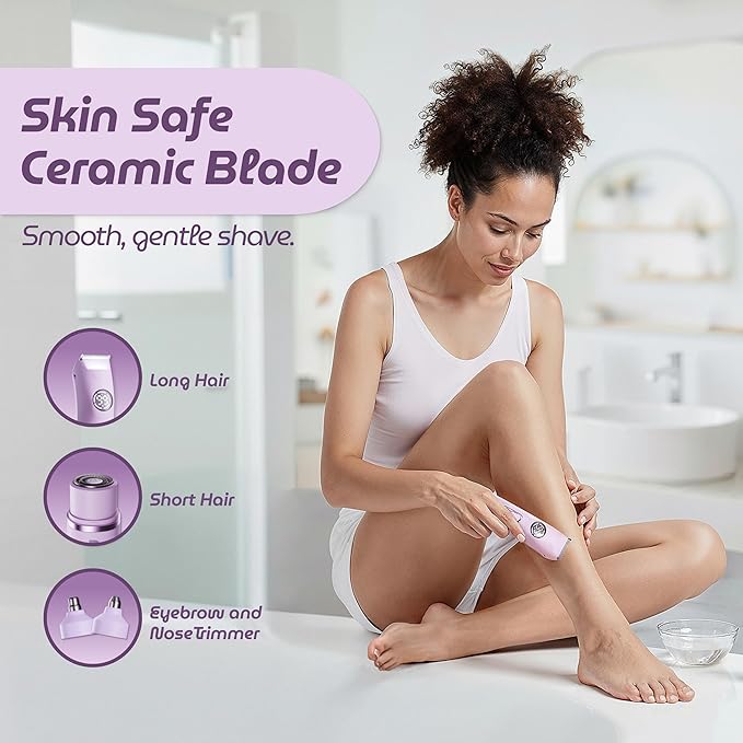 NUVA 4-in-1 Bikini Trimmer for Women | Painless Electric Razors & Shavers with Interchangeable Heads | Cordless Body & Facial Hair Trimmer with Ceramic Blade, IPX7 Waterproof and USB Rechargeable