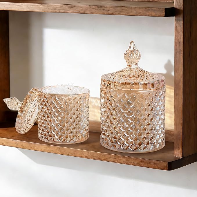 2 Pack Qtip Holder Apothecary Jars with Lid, Small and Large Amber