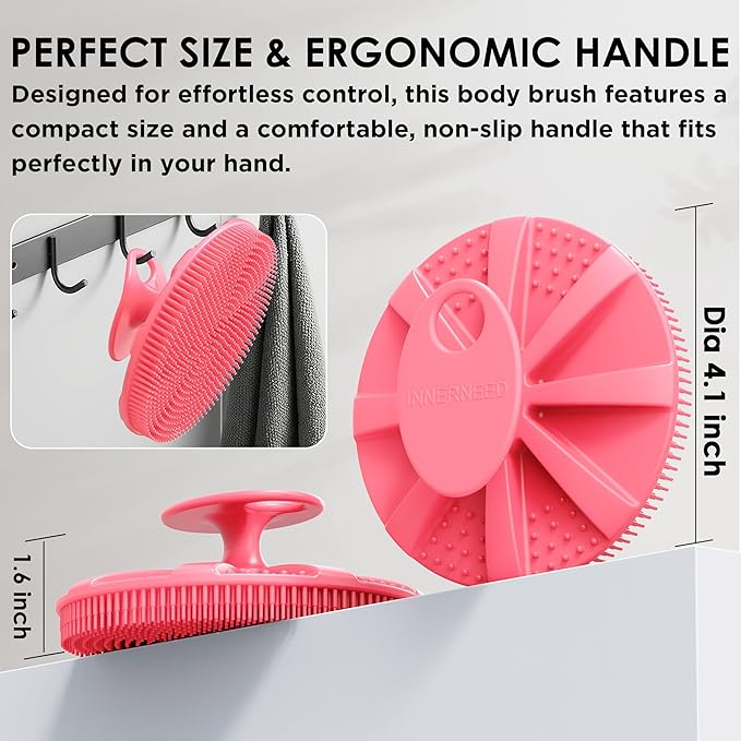 Pink Food-Grade Silicone Body Scrubber with Exfoliating Net Sponge Case