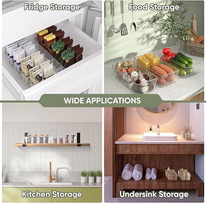 BALEINE Clear Plastic Storage Bins with 3 Removable Dividers, Pantry Organization, BPA Free Stackable Refrigerator Organizers and Storage for Kitchen Fridge Cabinet Bathroom (10.5x6.1x3.5, 2PK)