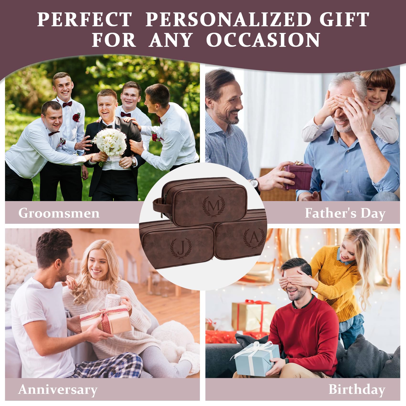 Travel Toiletry Bag For Mens PU Leather Engraved Initials (Dark Brown Q)