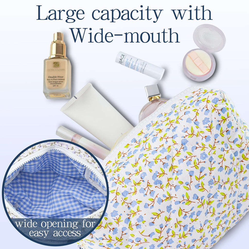 Quilted Makeup Bag Floral Cotton Make up Bag Puffy Coquette Makeup pouch Aesthetic Cute Travel Toiletry Bag for Women Girls