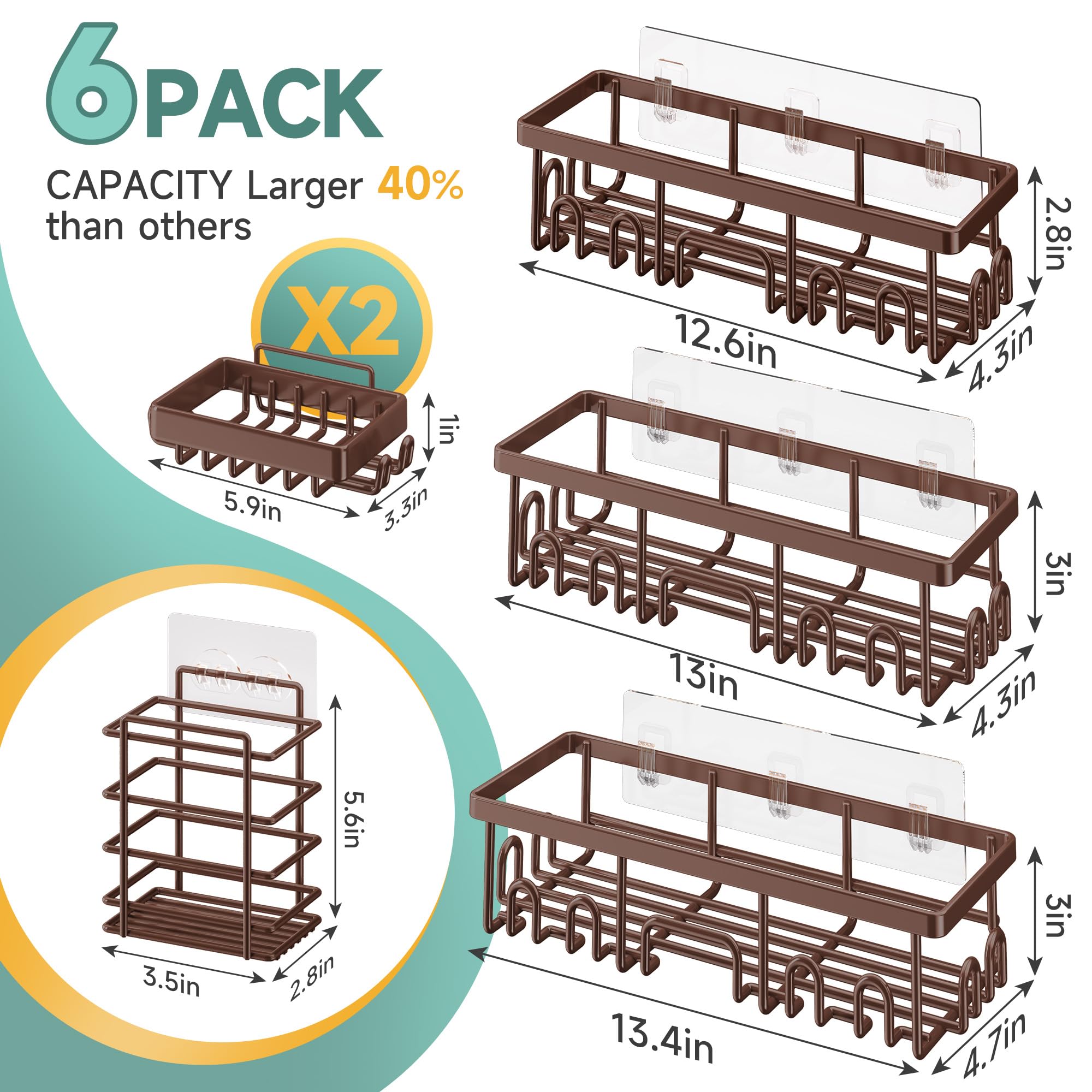 Veken Shower Caddy 6-Pack, No Drilling & Rustproof, Waterproof Adhesive Shelves Rack with Soap Holder, Large Capacity Bathroom Organizers and Storage, Wall-Mounted Kitchen & Home Decor