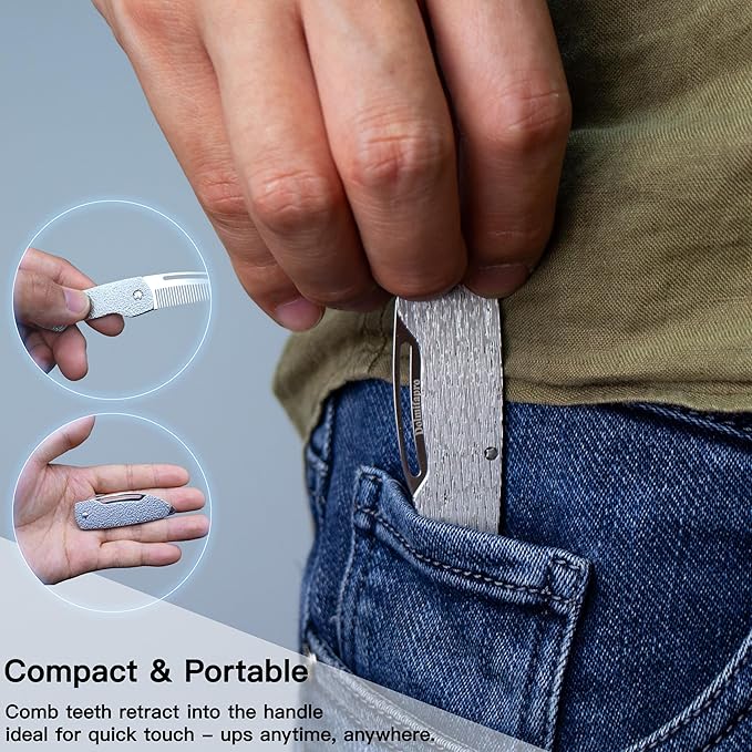 Dolmifapro Small Folding Mustache Comb, Metal Beard Comb for men EDC Pocket Mini Portable Fits In Keychain Anti-Static (Wood Grain)