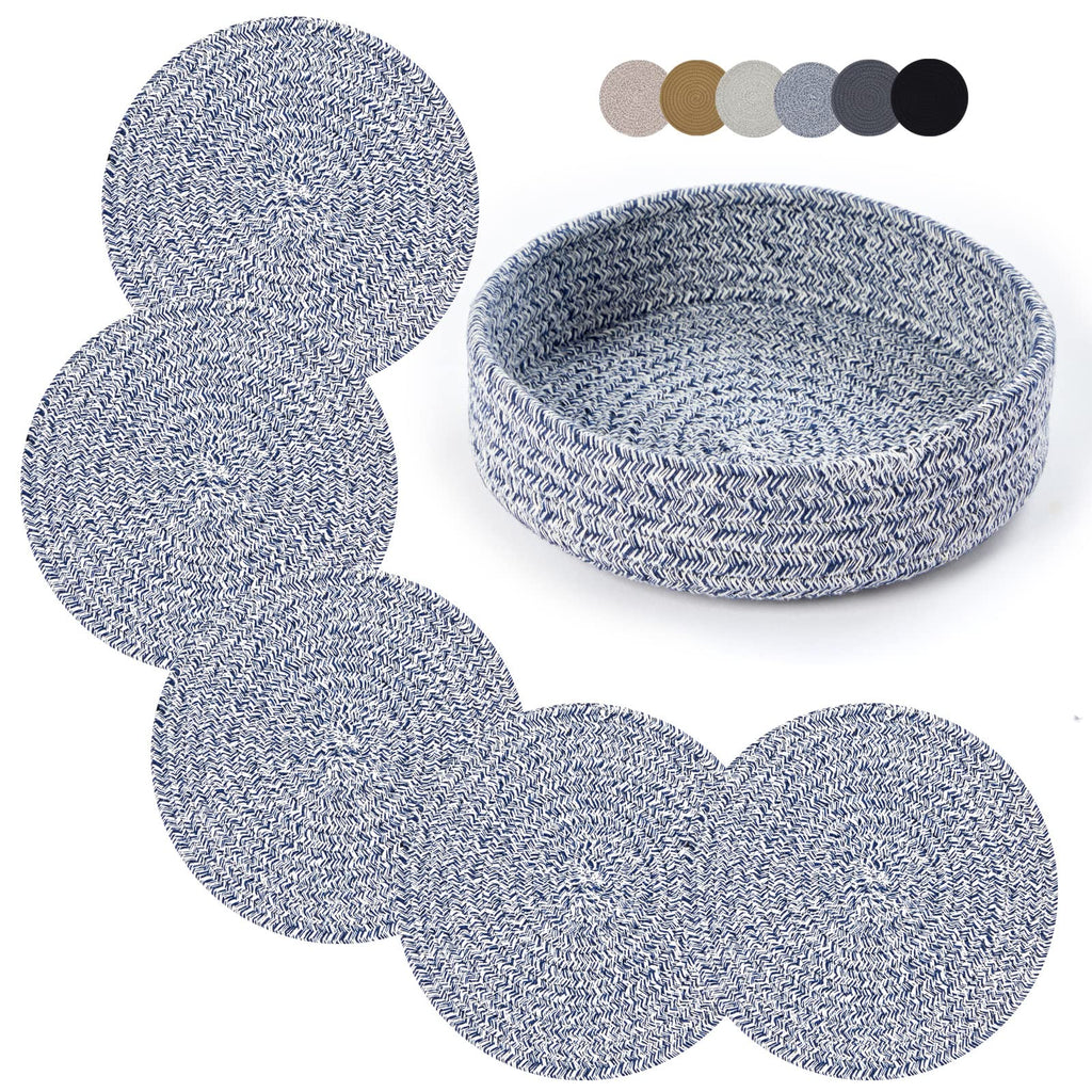 Coga Trivets for Hot Dishes, 5 Pack 7 Inch Cotton Hot Pads for Kitchen with Storage Basket, Round Pot Holders for Kitchen, Heat Resistant Mats for Countertop, Pots and Pans, Farmhouse Decor, Blue