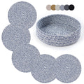 Coga Trivets for Hot Dishes, 5 Pack 7 Inch Cotton Hot Pads for Kitchen with Storage Basket, Round Pot Holders for Kitchen, Heat Resistant Mats for Countertop, Pots and Pans, Farmhouse Decor, Blue