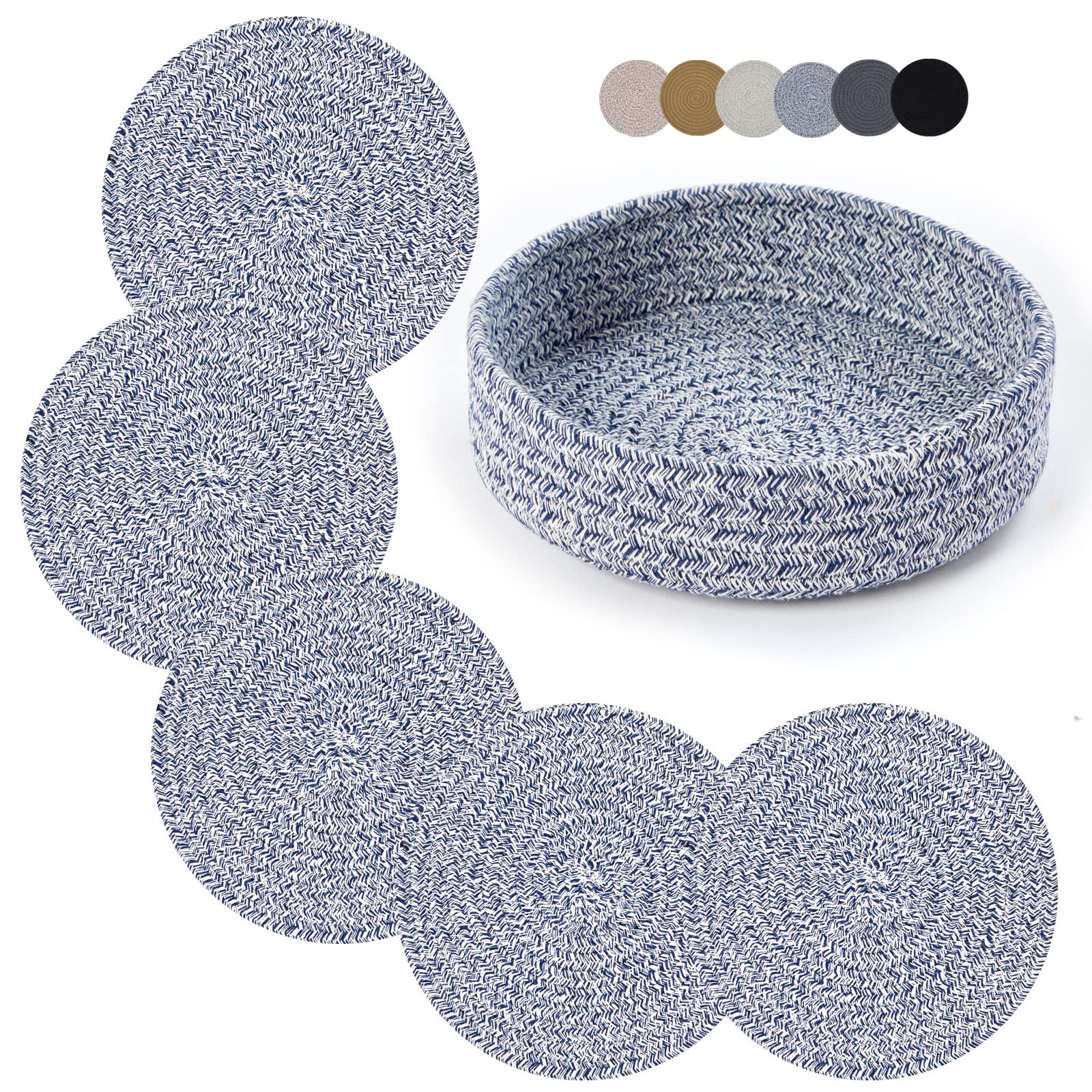 Coga Trivets for Hot Dishes, 5 Pack 7 Inch Cotton Hot Pads for Kitchen with Storage Basket, Round Pot Holders for Kitchen, Heat Resistant Mats for Countertop, Pots and Pans, Farmhouse Decor, Blue
