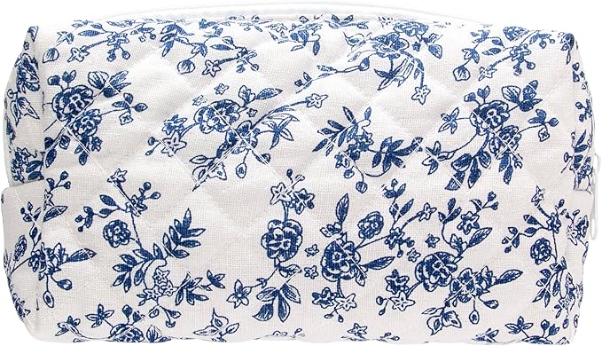 PAZIMIIK Small Quilted Makeup Bag,Zipper Cosmetic Pouch,Jouy Blue