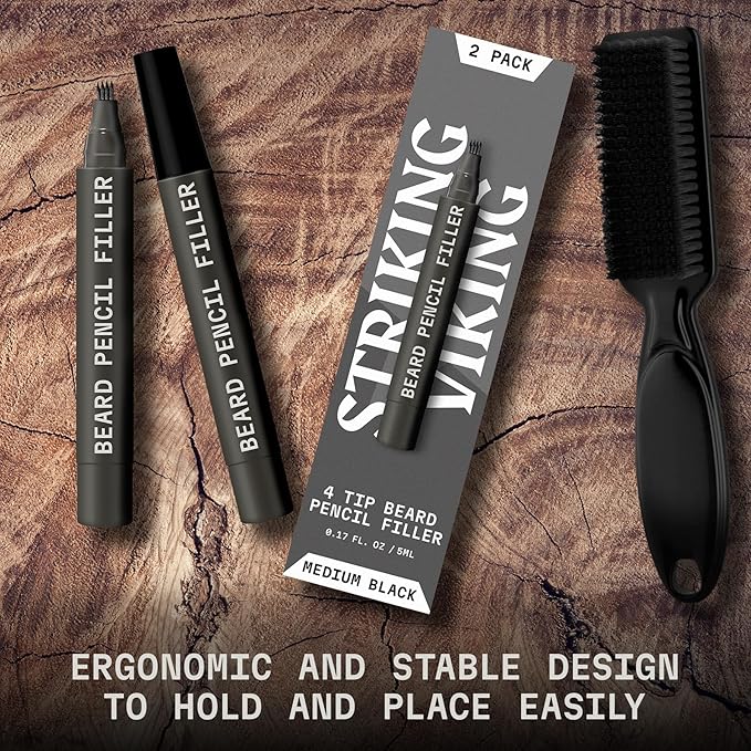 Striking Viking Beard Pencil & Bristle Brush for Men - Medium Black, 2 Pack