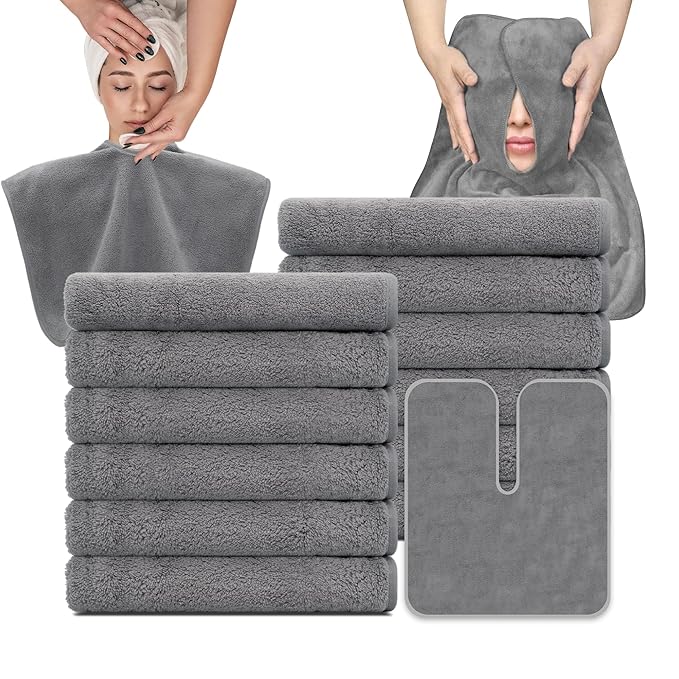 MAYOKEN® 12PCS U-Shaped Microfiber Facial Towels for Estheticians, Ultra-Soft & Absorbent Spa Towels for Massage, Facial Steam & Skincare (Gray)