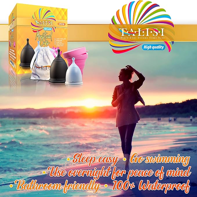 Talisi Menstrual Cups with Foldable Silicone Sterilizer - Soft Reusable Period Starter Kit - Feminine Menstruation Set - Alternative to Tampon Pad Disc - Light & Heavy Flow (Small & Large)
