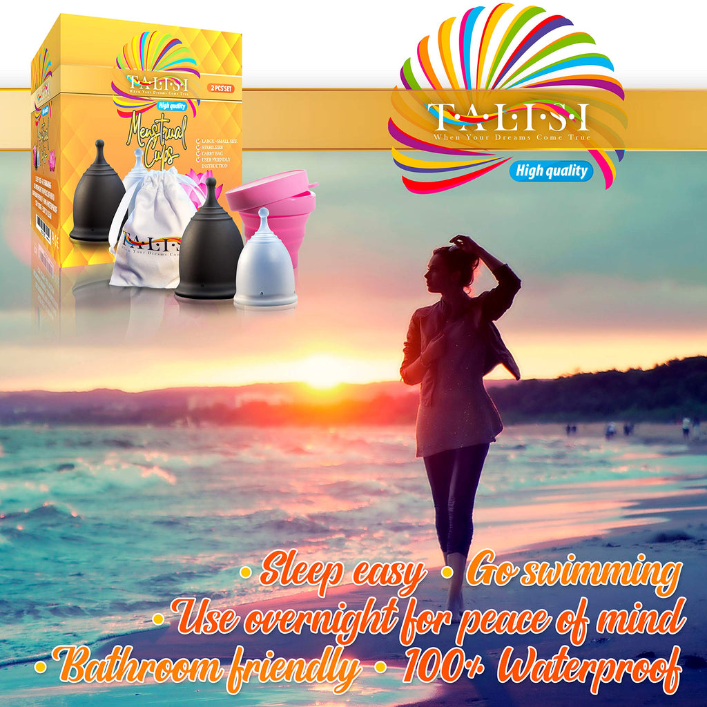 Talisi Menstrual Cups with Foldable Silicone Sterilizer - Soft Reusable Period Starter Kit - Feminine Menstruation Set - Alternative to Tampon Pad Disc - Light & Heavy Flow (Small & Large)