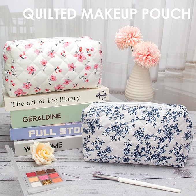 PAZIMIIK Small Quilted Makeup Bag,Zipper Cosmetic Pouch,Jouy Blue,6 Pack