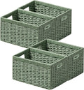 UBBCARE 4 Pack Wicker Basket, 13.4L×8.3H×7.1W inch Woven Paper Rope Storage Baskets for shelves, Foldable Rectangular Storage Baskets with Handle, Storage Basket for Organizing, Green