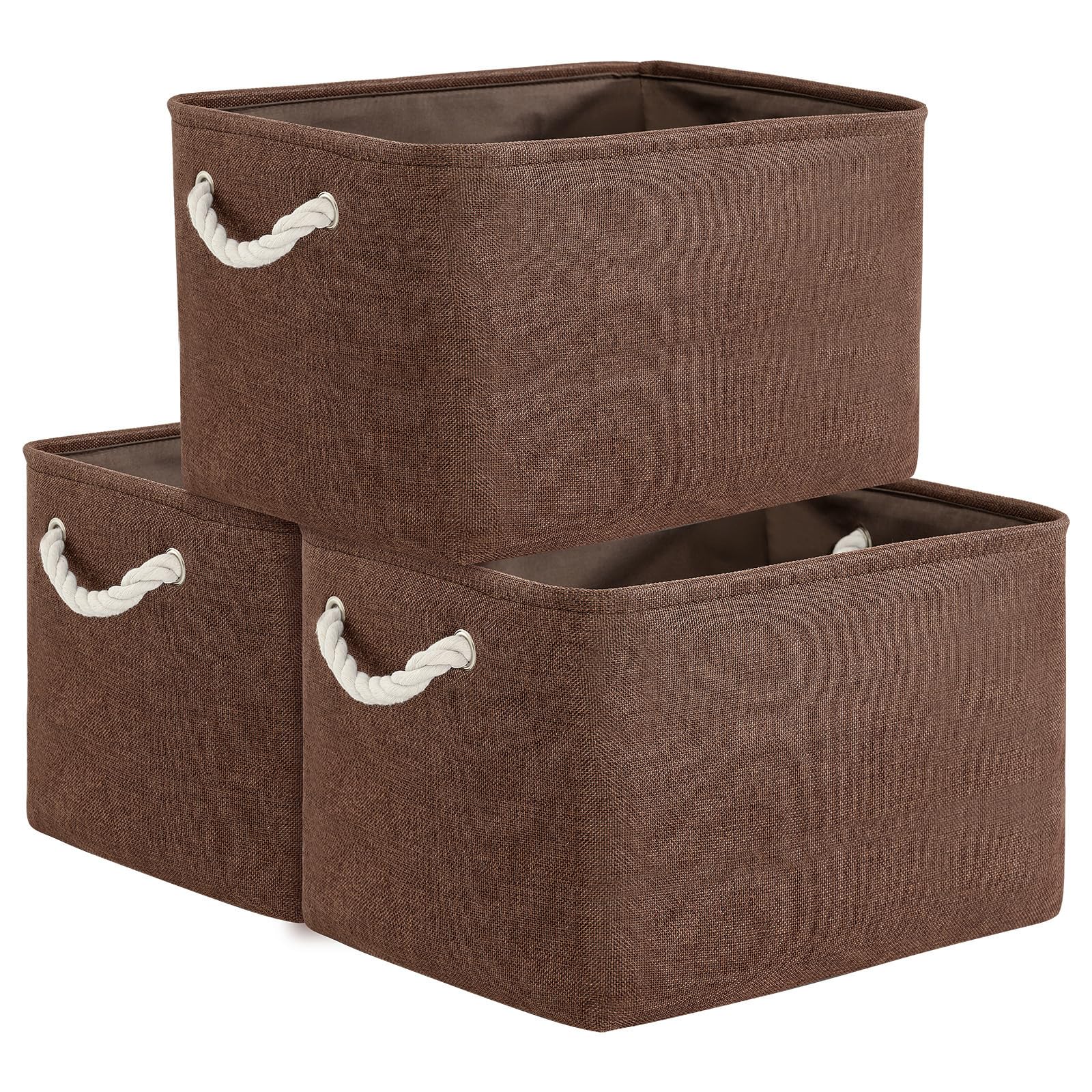 TheWarmHome Organization and Storage Basket for Shelves - 3 Pack 16x12x12 inch Fabric Storage Cubes, Cube Storage Bin for Organizing Closet Cloth Organizer Gift Toy (White & Brown)