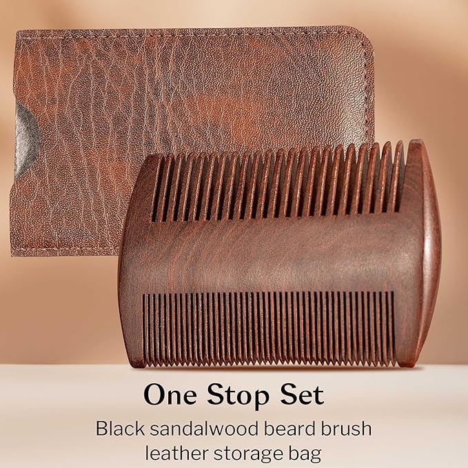 GROOMAGE 3PCS Beard Brush Comb Set for Men, Black Walnut Wood Dual Beard Comb & Case, Men's Natural Wooden Mustache Brush Kit - Medium Hardness