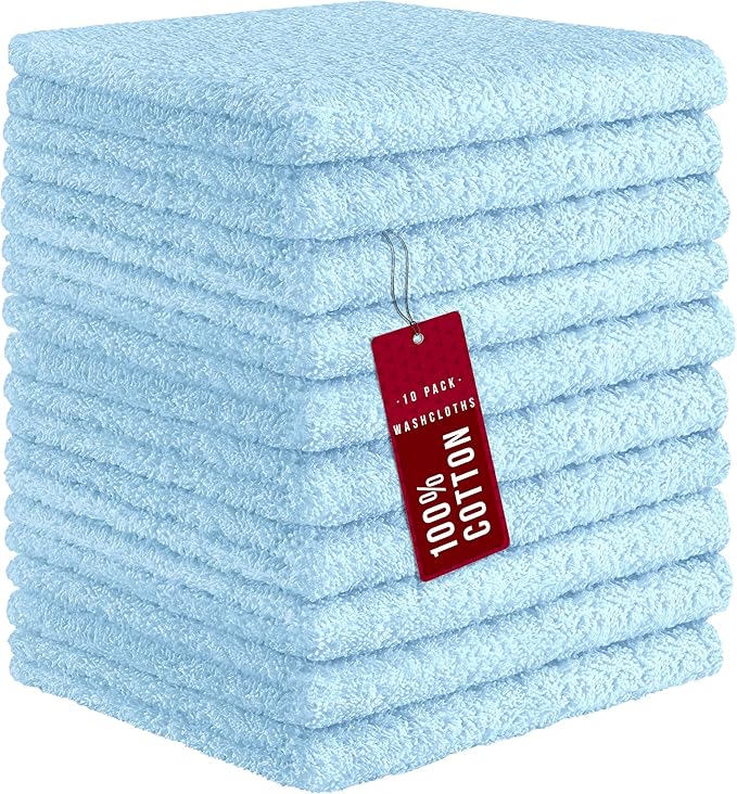 DecorRack 10 Pack 100% Cotton Wash Cloth, Luxurious Soft, 12 x 12 inch Ultra Absorbent, Machine Washable Washcloths, Baby Blue (10 Pack)