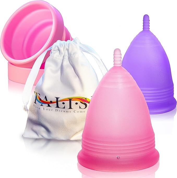 Talisi Menstrual Cups Set of 2 (Small & Large) Super Soft Reusable Period Kit with Collapsible Silicone Sterilizer Case, Storage Bag Menstruation Feminine Copa for Teens, Beginners, Heavy Flow