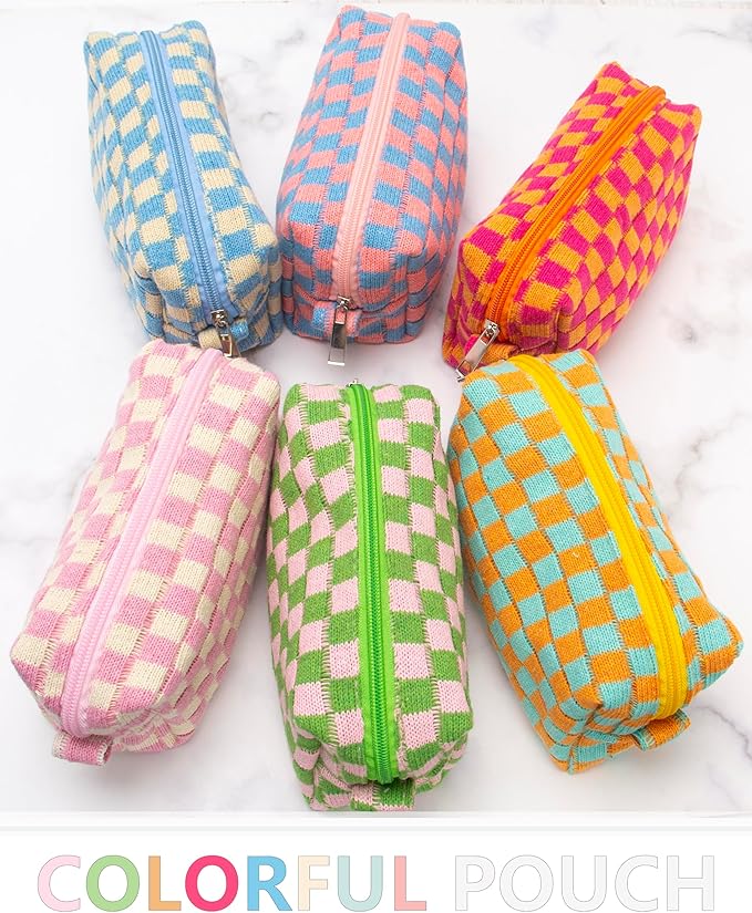 PAZIMIIK Checkered Makeup Bag for Purse Portable Zipper Make Up Pouch Small Cosmetic Case for Travel Red Orange