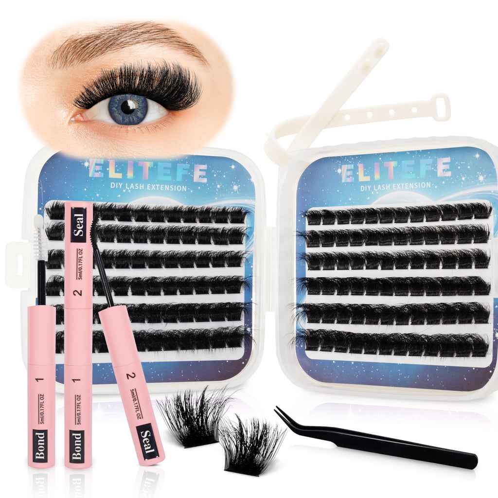 Elitefe Lash Extension Kit DIY Lash Clusters Kit Eyelash Extensions Individual Lashes Extensions with (Lash Bond and Seal,Tweezers,280Pcs, 200D,10-18mm)