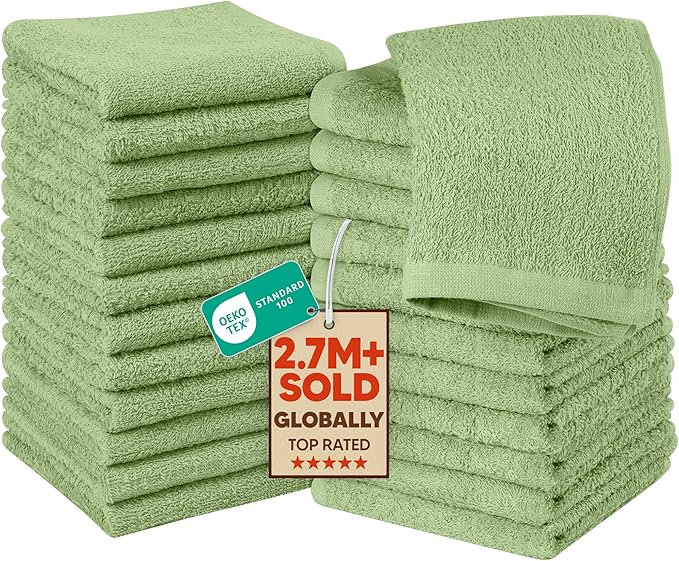 Utopia Towels 24 Pack Cotton Washcloths Set - 100% Ring Spun Cotton, Premium Quality Flannel Face Cloths, Highly Absorbent and Soft Feel Fingertip Towels (Sage Green)