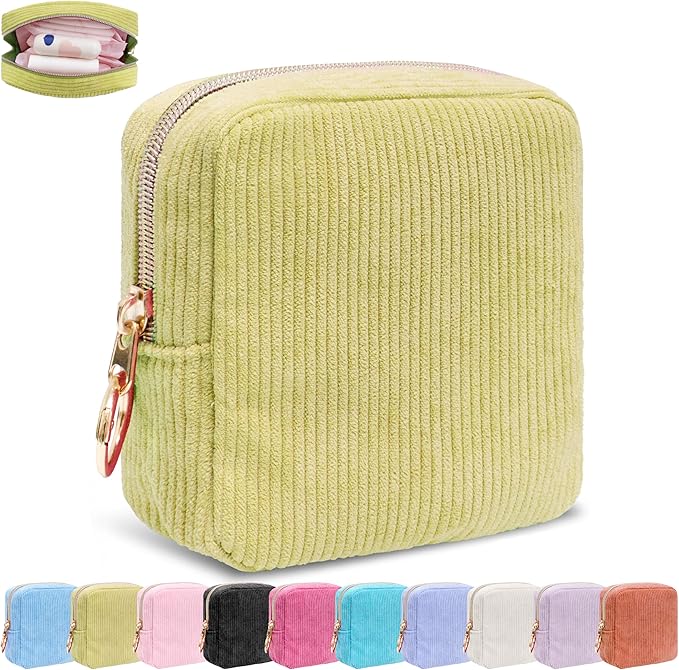 Period Bag for Girls, Corduroy Sanitary Napkin Storage Bag, Period Pouch & Tampon Holder, Feminine Care Organizer（Green）