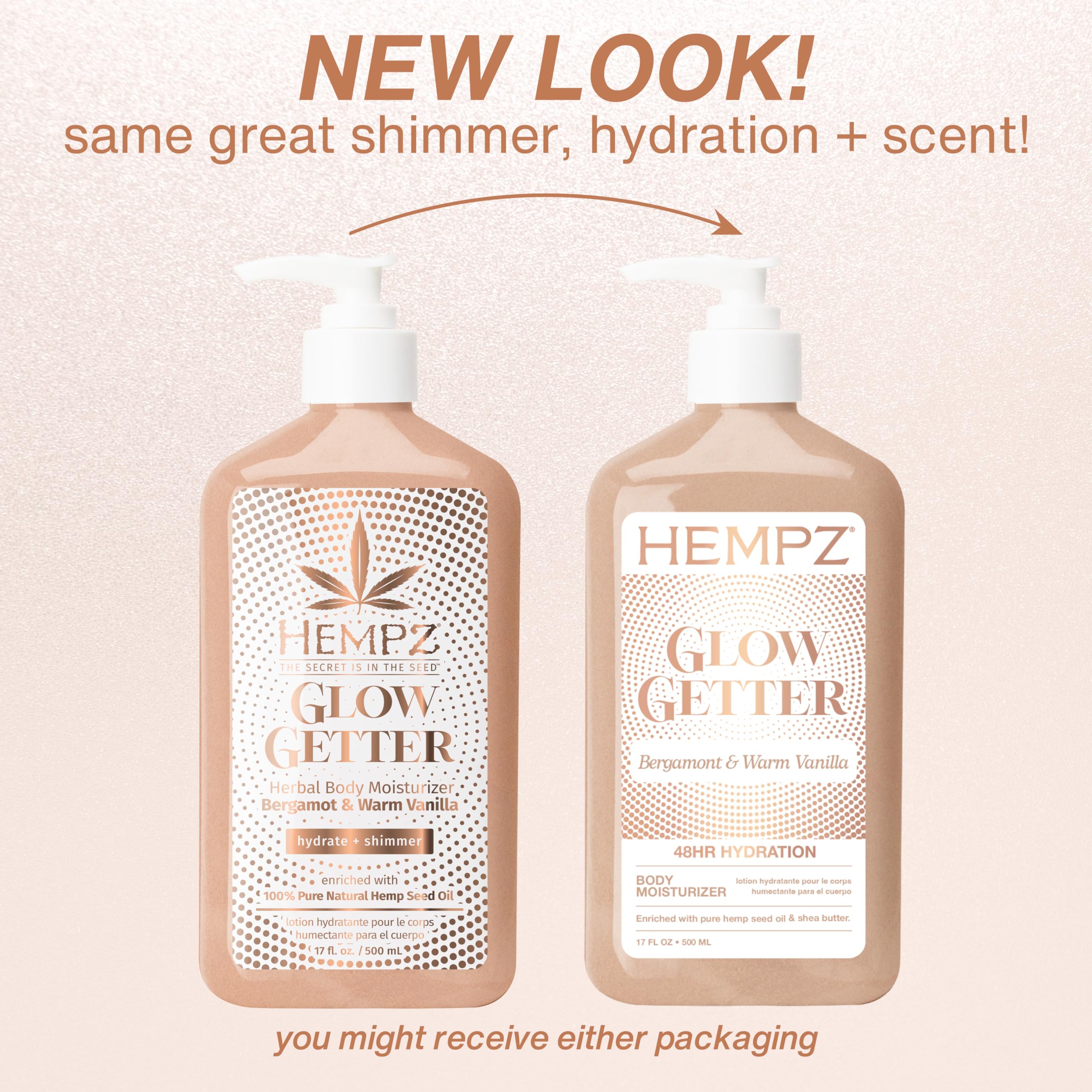 Hempz Glow Getter Body Lotion, Hydrating Moisturizer with Shimmer, 17 oz.