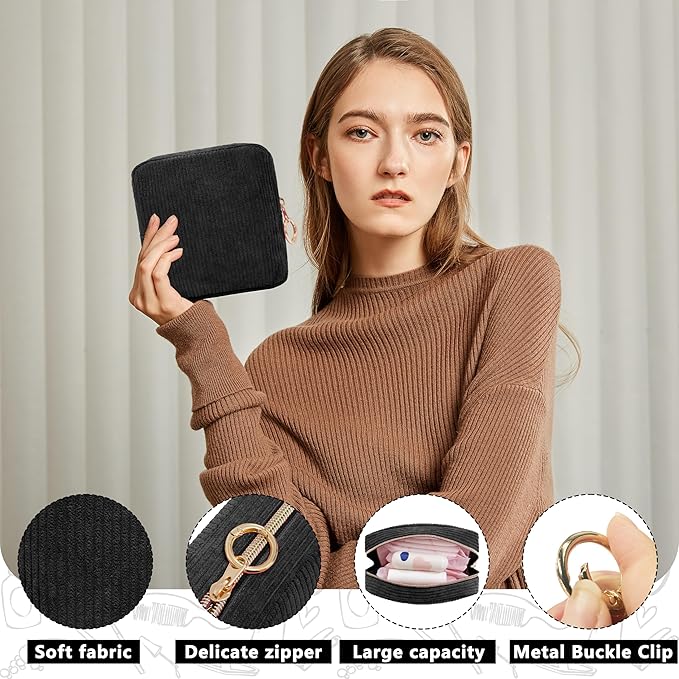 Period Bag for Girls, Corduroy Sanitary Napkin Storage Bag, Period Pouch & Tampon Holder, Feminine Care Organizer（Black）