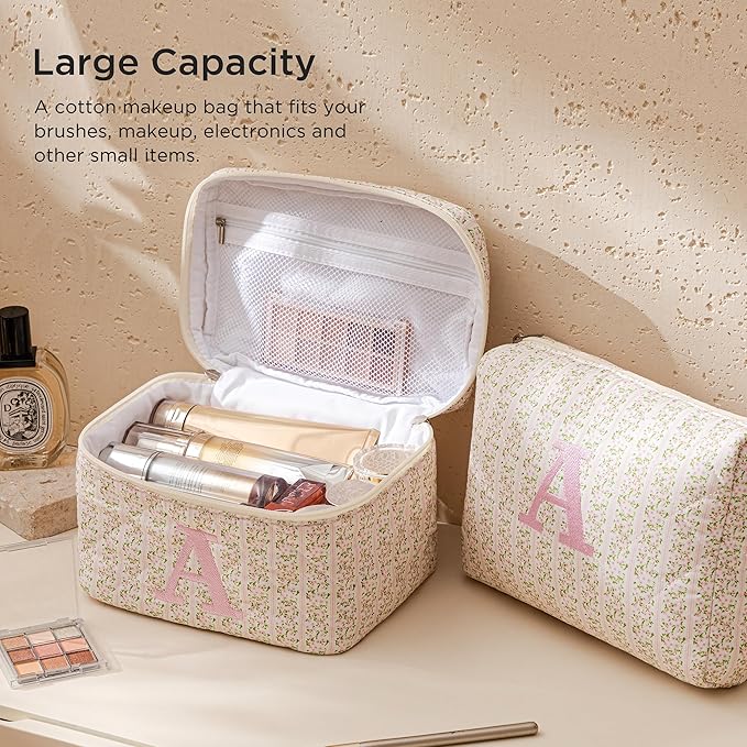 HBselect 2Pcs Initial Quilted Makeup Bag, Pink Cosmetic Travel Toiletry Bag, Flowers Coquette Zipper Make Up Pouch Organizer Teen Girl Gift Trendy Stuff S