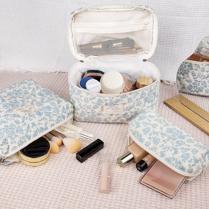 Gosect Makeup Bag Set, Quilted Makeup Bag, Large Floral Cosmetic Bag for Women, Cute Cotton Makeup Bags, Flower Travel Toiletry Organizer Bag (Blue Rose)