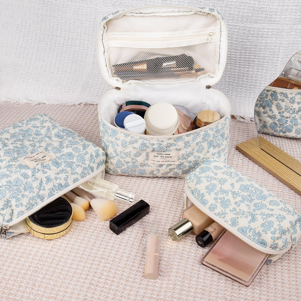 Gosect Makeup Bag Set, Quilted Makeup Bag, Large Floral Cosmetic Bag for Women, Cute Cotton Makeup Bags, Flower Travel Toiletry Organizer Bag (Blue Floer)
