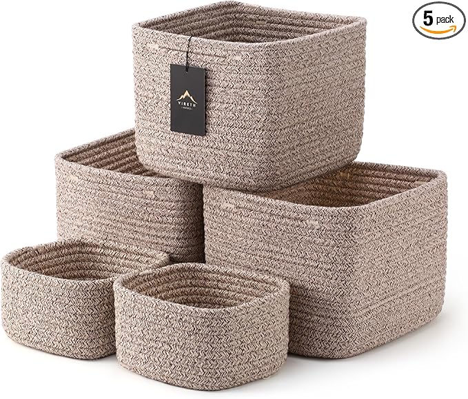 5-Pack Storage Cubes Woven Rope Baskets - 2 Sizes Organizer Bins for Closet, Shelf, Bookshelf, Nursery, Changing Table, Cube Storage Bins, Storage Baskets for Bathroom Toy & Home