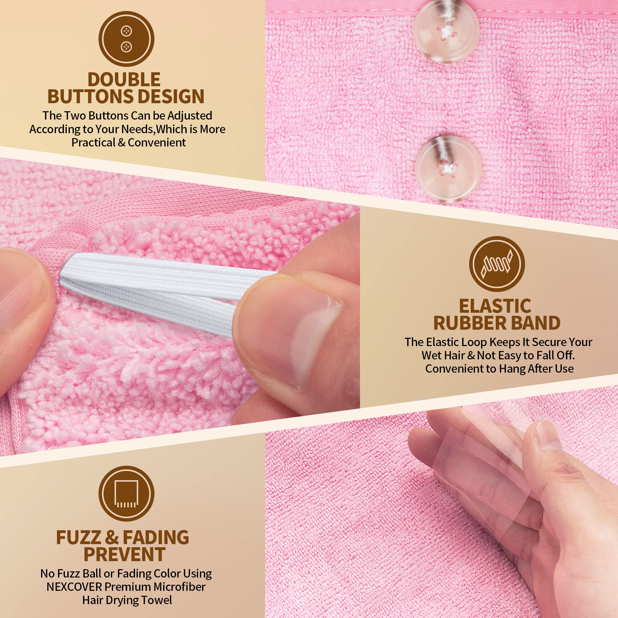 NEXCOVER Hair Towel Microfiber, 2 Pack Pink 9.8 inch X 25.5 inch Hair Wrap,Ultra Absorbent Hair Turbans,Fast Drying Head Towels for Women Wet Hair,Long,Curly,Thick,Frizzy Hair