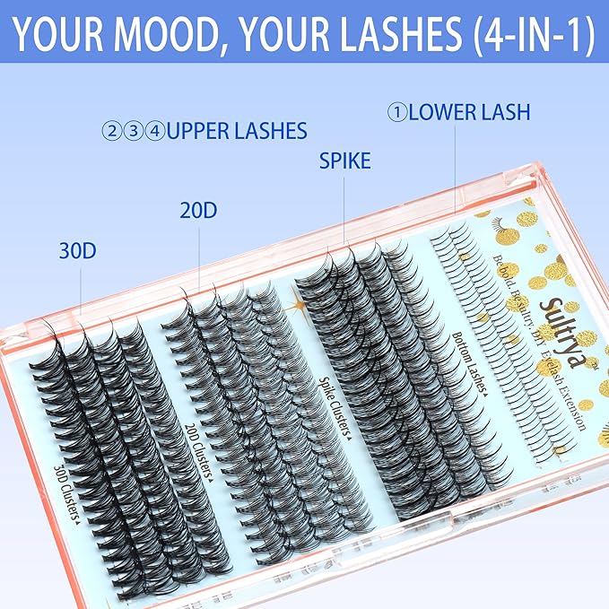 Eyelash Extensions Lash Clusters Natural Mixed Individual False Eyelashes Multi-types Bottom Lashes Spike 20D 30D Clusters with 10-16mm Multiple Lengths Wispy Look Light Volume for Self Use