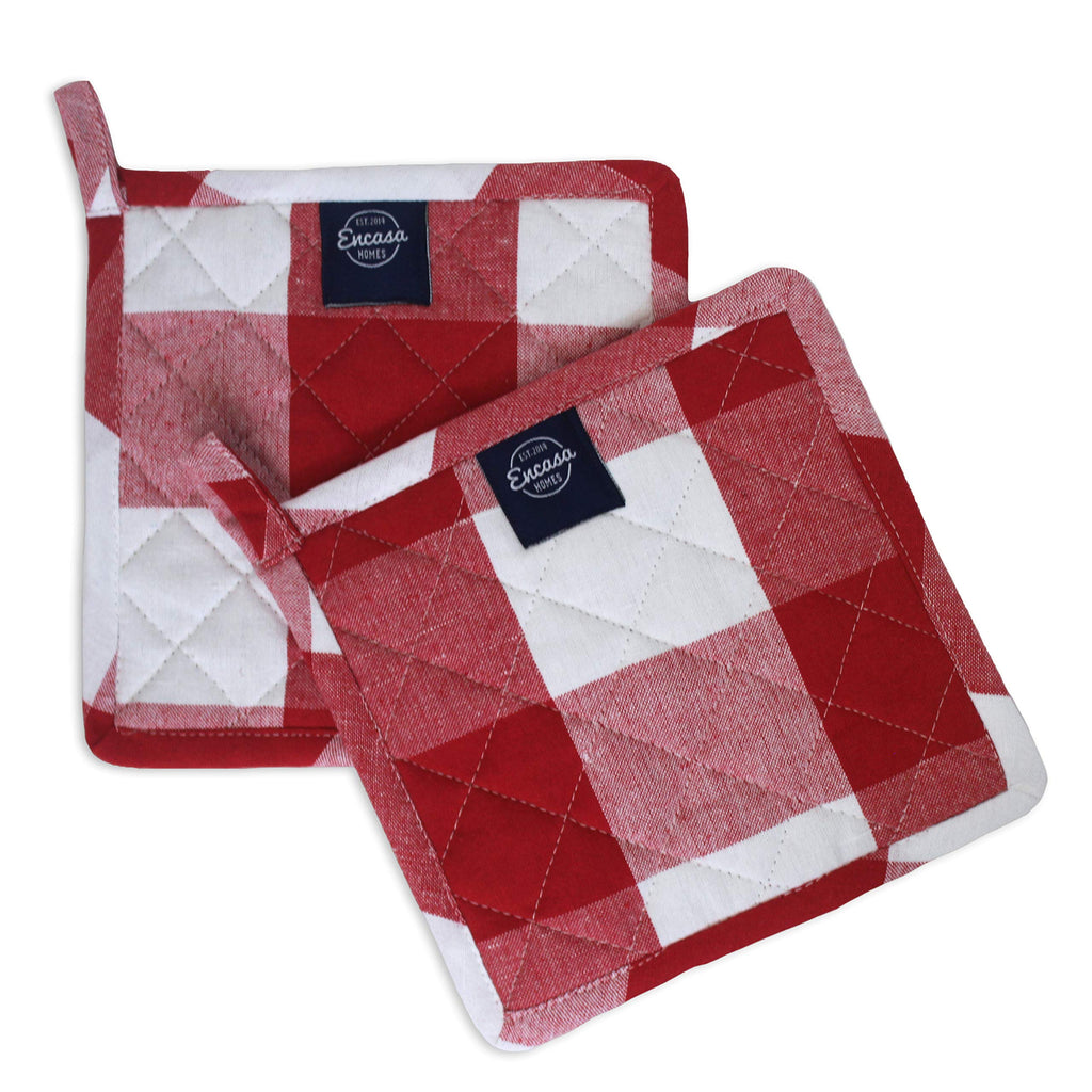Encasa XO 8 inches Oven Microwave Potholders (2 pc Set) for Kitchen Cooking & Baking - Heat Resistant, Thick & Safe, Protection of Hands from Hot Utensils - Buffalo Red Checks