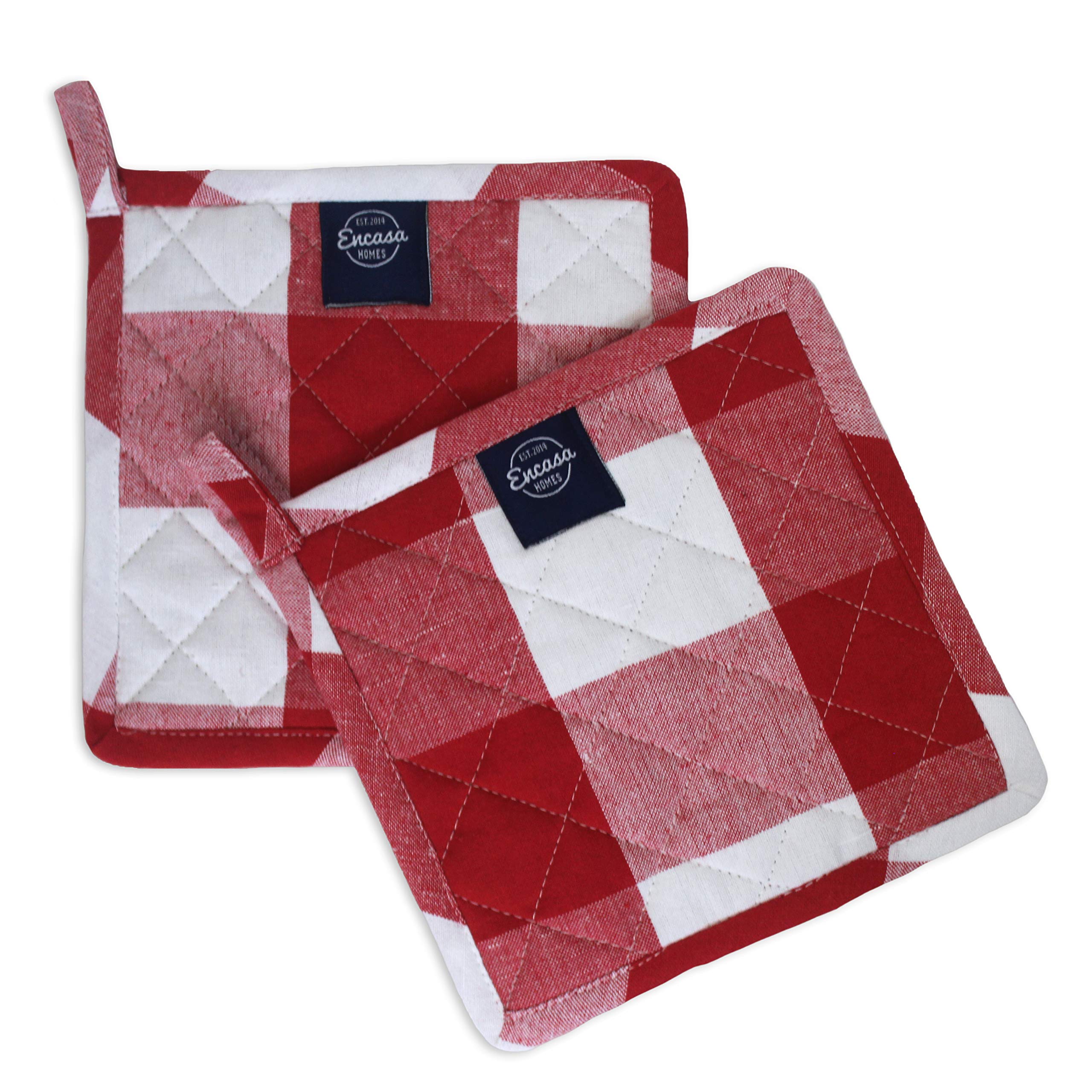 Encasa XO 8 inches Oven Microwave Potholders (2 pc Set) for Kitchen Cooking & Baking - Heat Resistant, Thick & Safe, Protection of Hands from Hot Utensils - Buffalo Red Checks
