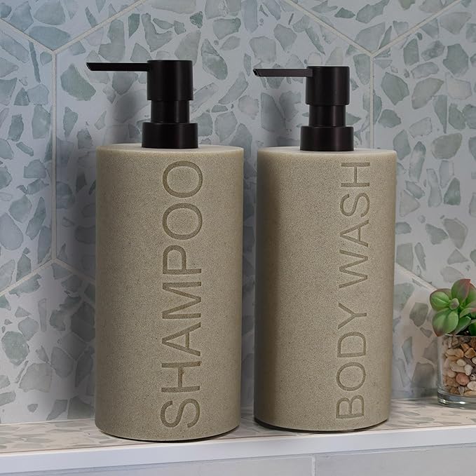 Indecor Home Resin 2 Pack Shampoo, Conditioner or Body Wash Dispenser Set, Luxurious Refillable Pump Bottles with Matte Pump Top and Embossed Text, Durable Design for Bathroom and Shower