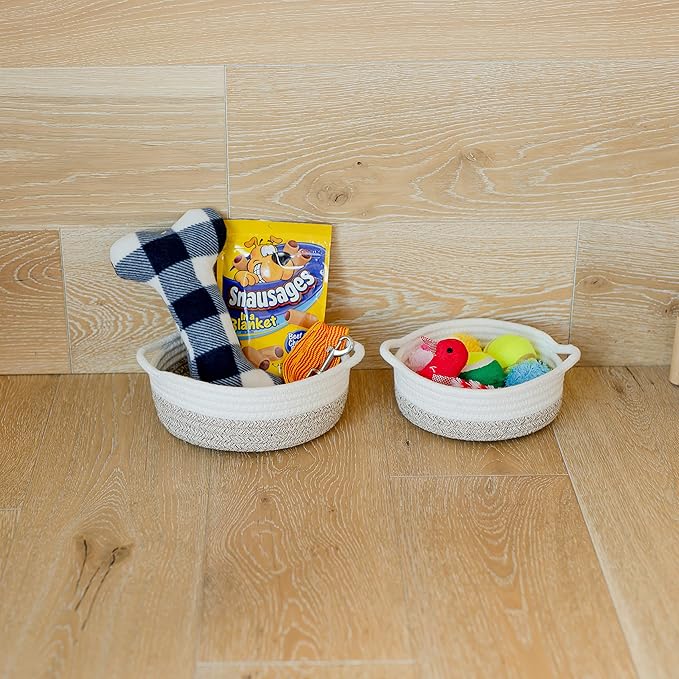 NaturalCozy 5-Piece Round Small Woven Baskets Set– Cotton Rope Baskets for Organizing! Montessori Toys, Fruits Remotes Key Tray Bowl for Entryway Desk, Shallow Catchall Home Décor, Cat Dog Bin Gift