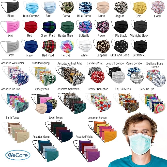 WECARE Disposable Face Mask Individually Wrapped - 50 Pack, Blue Masks 3 Ply