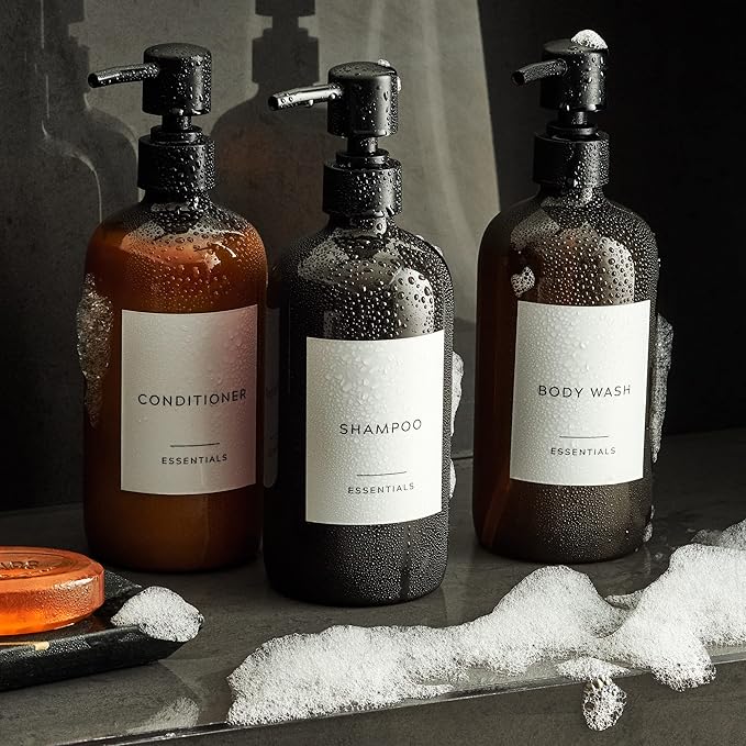 Stylish Shampoo and Conditioner Dispenser Set of 3 - Modern 21oz Shower Soap PET Bottles with Pump and Labels - Easy to Refill Body Wash Dispensers for an Instant Bathroom Decor Upgrade