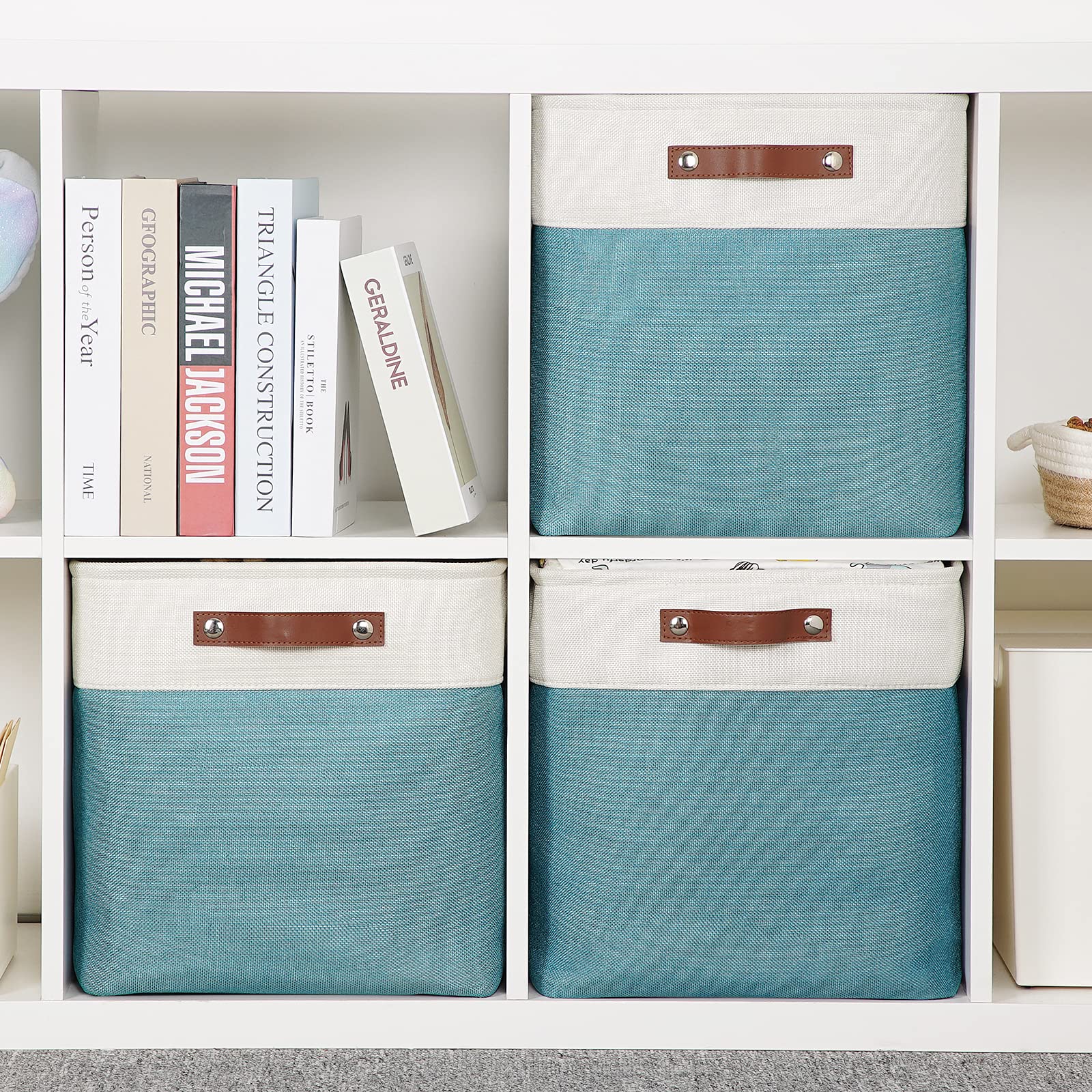 HNZIGE Cube Storage Baskets for Shelves Foldable Storage cubes Baskets(3 Pack) Cube Storage Bin,13 Inch Storage Basket for Organizing with Leather Handles for Toys, Clothes, Kids, Closet (White&Teal)