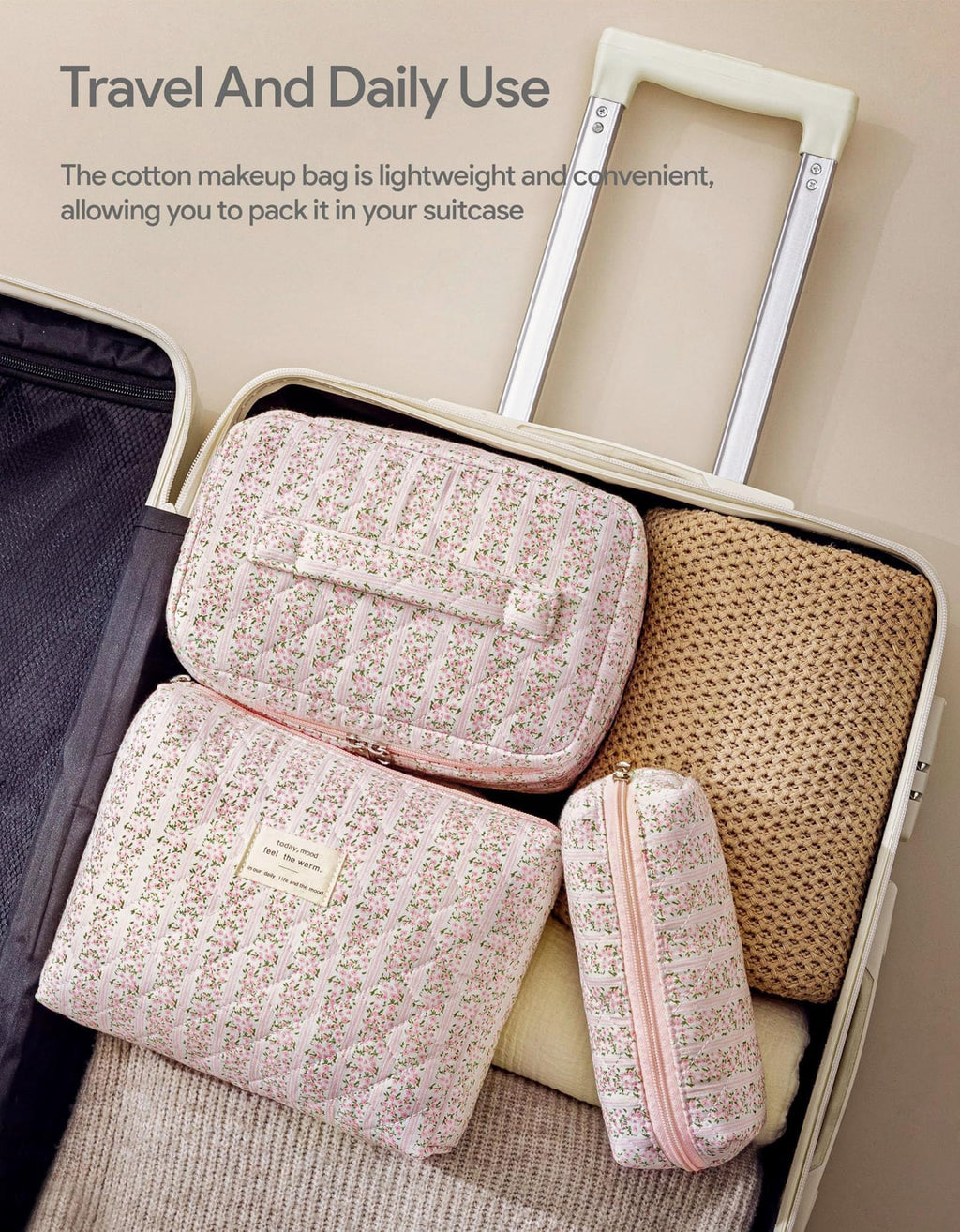 HBselect Quilted Makeup Bag, 3Pcs Cotton Large Travel Makeup Bags Organizer