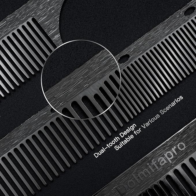 2 Pcs 304 Stainless Steel Metal comb, anti-static, heat-resistant, Ultra-thin, Metal Teasing Comb with Pick, Rat Tail Comb, Wood Grain Design（black）