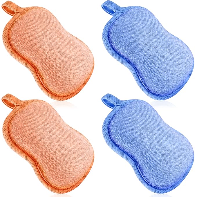 Tatuo 4 Pieces Baby Bath Sponge Toddler Bath Sponge Soft Comfy Cotton Absorbent Loofah for Kids Babies Boy Girl(Orange,Blue)