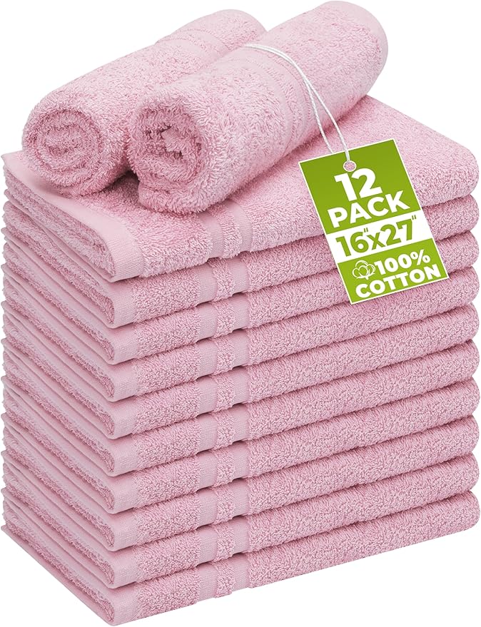 Utopia Towels Cotton Bleach Proof Salon Towel 16 by 27 inches, Bleach Safe 100% Cotton Hand Towel for Gym, 12 Pack, Pink
