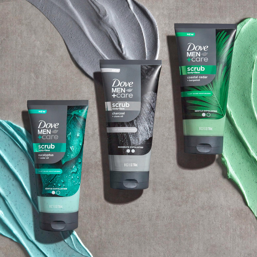 DOVE MEN + CARE Body and Face Scrub Eucalyptus Deeply Exfoliates for Hydrated & Nourished Skin 100% Gentle Cleanser, No Sulfate Cleansers or Parabens 9 oz