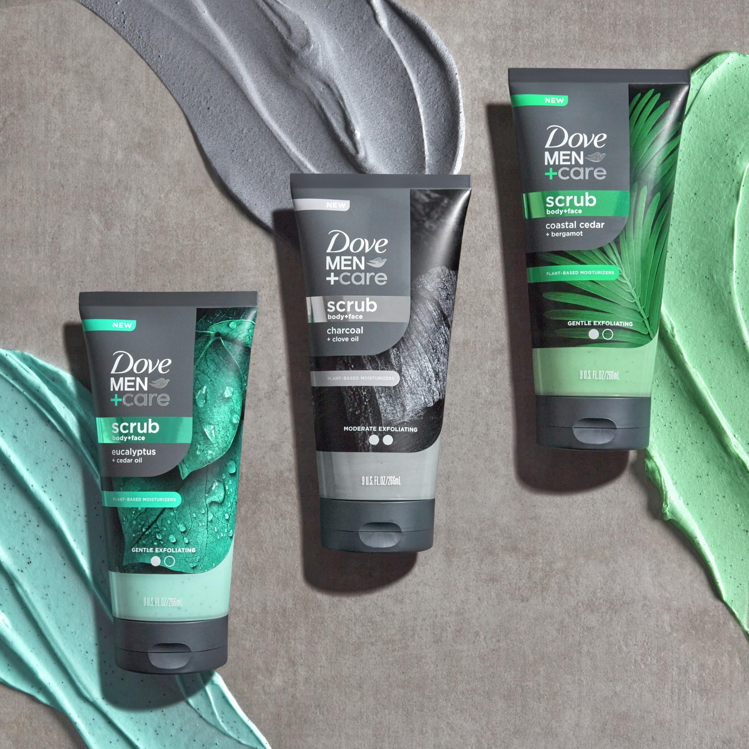 DOVE MEN + CARE Body and Face Scrub Eucalyptus Deeply Exfoliates for Hydrated & Nourished Skin 100% Gentle Cleanser, No Sulfate Cleansers or Parabens 9 oz