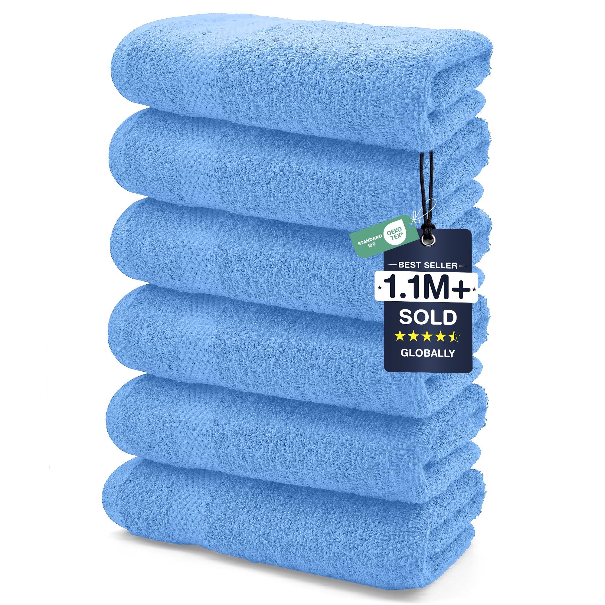DAN RIVER 6-Pack Premium Hand Towels (16x28 Inches) - 100% Cotton, Ultra Soft, Lightweight, Highly Absorbent Towels for Bathroom, Spa, Gym, Salon, Hotel, and Travel - Medium Blue