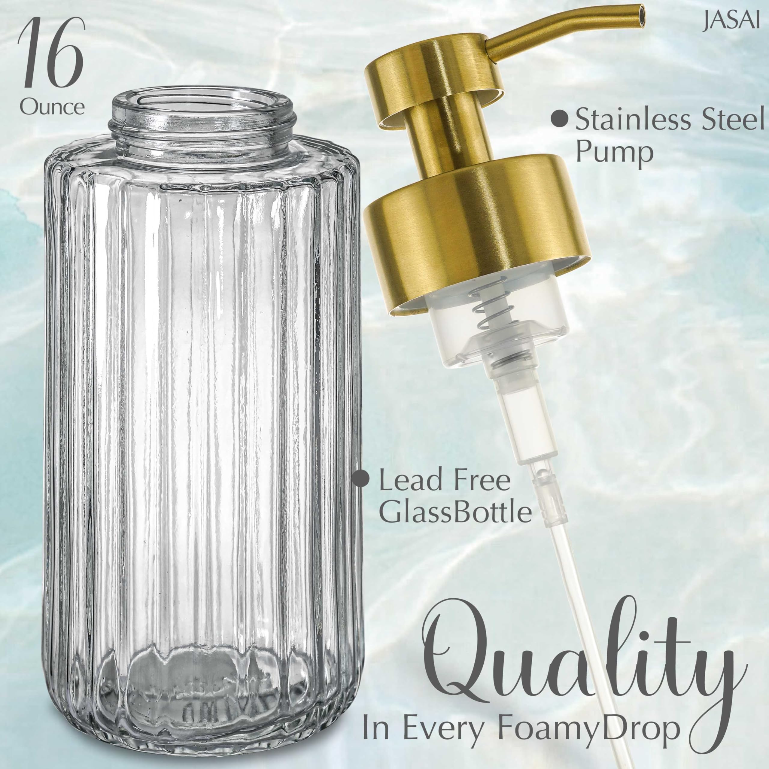 JASAI 16Oz Glass Foaming Soap Dispenser with Golden Rust Proof Pump, Refillable Foam soap Dispenser with Thick Glass, Elegance Foaming Hand Soap Dispenser for Bathroom & Kitchen.(Golden)