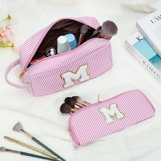 YOOLIFE Makeup Bag for Women Teen - Easter Gifts for Women Teens Girls Kid, Easter Basket Stuffers | Personalized Initial Makeup Bag, 8 9 10 11 12 13 14 15 Year Old Girl Birthday Gift for Her Pink K